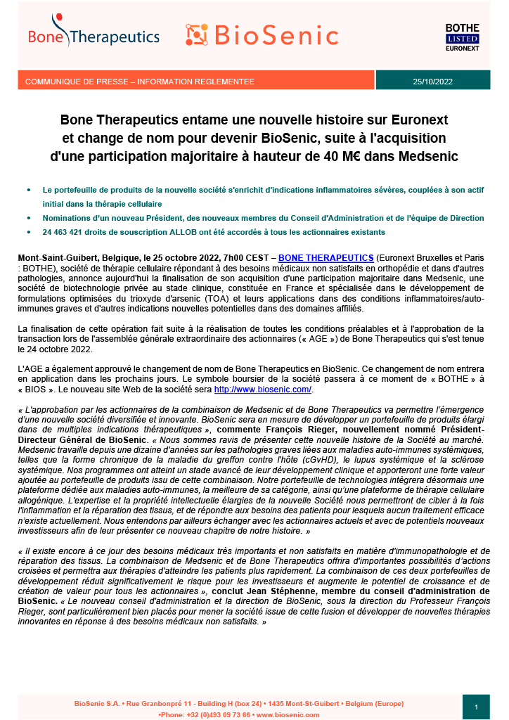 Bone Therapeutics entame une nouvelle histoire sur Euronext et change de nom pour devenir BioSenic, suite à l'acquisition d'une participation majoritaire à hauteur de 40 M€ dans Medsenic